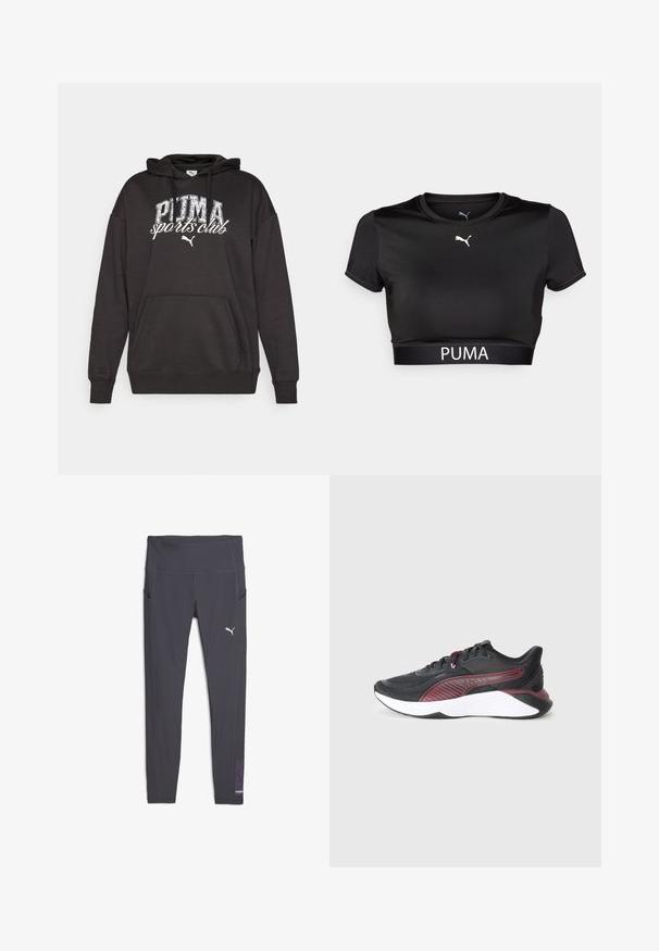 Mustmustern must-han, mille taskuga, musta värvi, millel on valge "PUMA spordiklubi" graafika ja logo. Valmistatud pehmest dressikangast, lõdva istuvusega.; Must värviline lühem T-särk, mis on valmistatud siledast kangast, ümmarguse kaelusega, lühikeste varrukatega ja PUMA valge logoga triibu peal.; Hallid hallid treeninglegid, millel on kõrge vöökohaga, küljetaskud ja lilla mustriga aktsent sääreluul, millel on valge logo.; Mustad mustoss spordijalats, millel on tekstureeritud võrgusilma ülemine osa, marooni aktsendid, pehmendusega valge vaheosa ja mustriga külgdisain.
