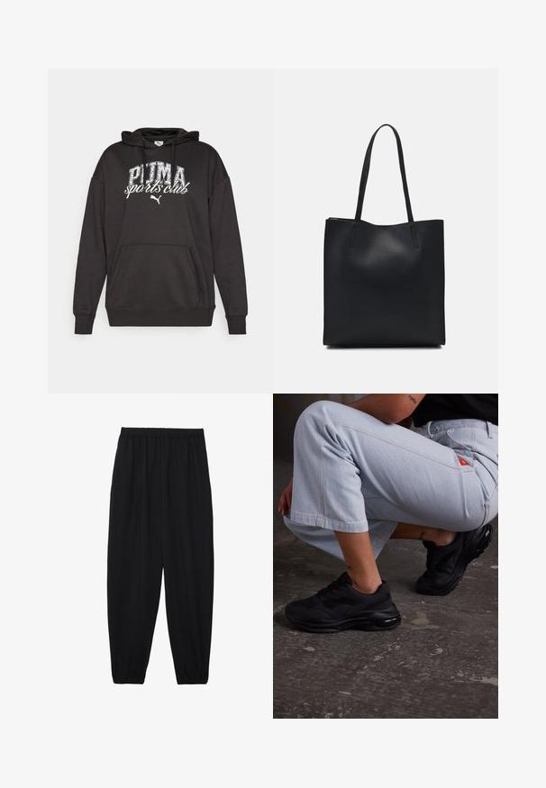 Haut à capuche noir avec poche kangourou, arborant un graphisme et un logo "PUMA sports club" en blanc. Fabriqué en tissu de sweat doux avec une coupe décontractée.; Pantalons noirs légers avec une taille élastique et des chevilles froncées. Le tissu est lisse et présente un design décontracté et fuselé.; Baskets de sport noires avec une tige texturée, semelle épaisse et coussin d'air. Associées à un pantalon court bleu clair dans une posture décontractée.; Sac fourre-tout en cuir noir avec une texture lisse, de forme rectangulaire et deux longues poignées. Pas de matériel ou d'ornementations visibles.