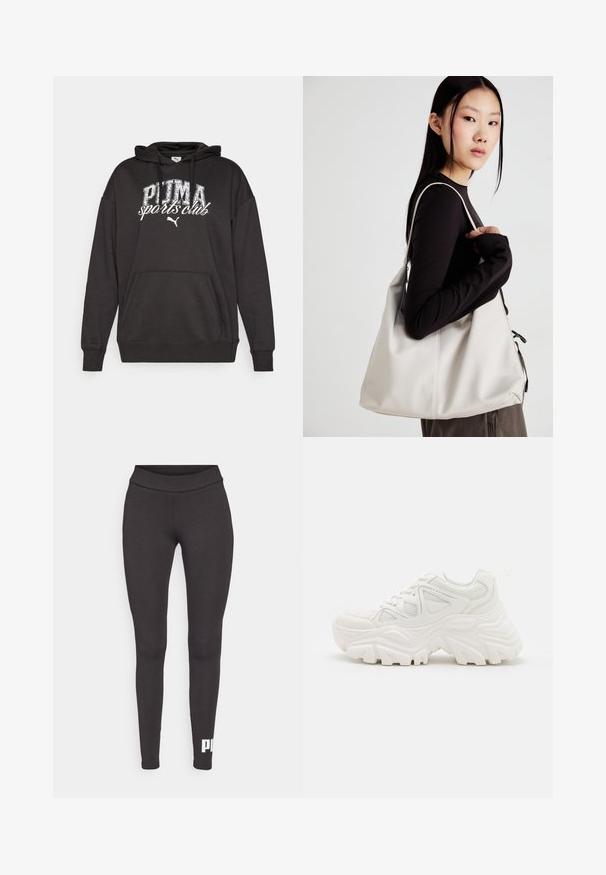 Felpa nera con cappuccio e tasca a marsupio, presenta una grafica e un logo bianco "PUMA sports club". Realizzata in morbido tessuto per felpe con un fit rilassato.; Leggings neri realizzati in tessuto elastico, con una cintura alta e un logo bianco stampato sulla parte inferiore della gamba sinistra. Texture liscia.; Sneaker chunky bianchi con una parte superiore testurizzata, pannelli in mesh e suole di gomma spesse con un modello di battistrada prominente. Inclusi lacci e linguetta per il tallone.; Borsa a mano beige realizzata in materiale morbido, caratterizzata da un design morbido, dettagli cuciti e due manici. Adatta per l'uso quotidiano.