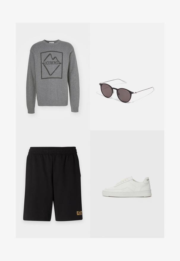 Szary sweter z czarnym logo góry umieszczonym w prostokątnym obramowaniu. Materiał wydaje się miękki, z prążkowanymi mankietami i dołem.; Czarne sportowe szorty wykonane z miękkiego materiału, z elastycznym paskiem w talii oraz małym, żółtym logo EA7 na dolnej lewej nodze.; Białe skórzane sneakersy o gładkim wykończeniu, okrągłym nosku, płaskich sznurówkach i teksturowanej podeszwie. Charakteryzują się delikatnym logo na pięcie.; Czarne okrągłe okulary przeciwsłoneczne z ciemnymi soczewkami i smukłymi metalowymi ramkami. Zawierają przezroczyste końcówki zauszników oraz srebrne akcenty przy zawiasie. Minimalistyczny design.
