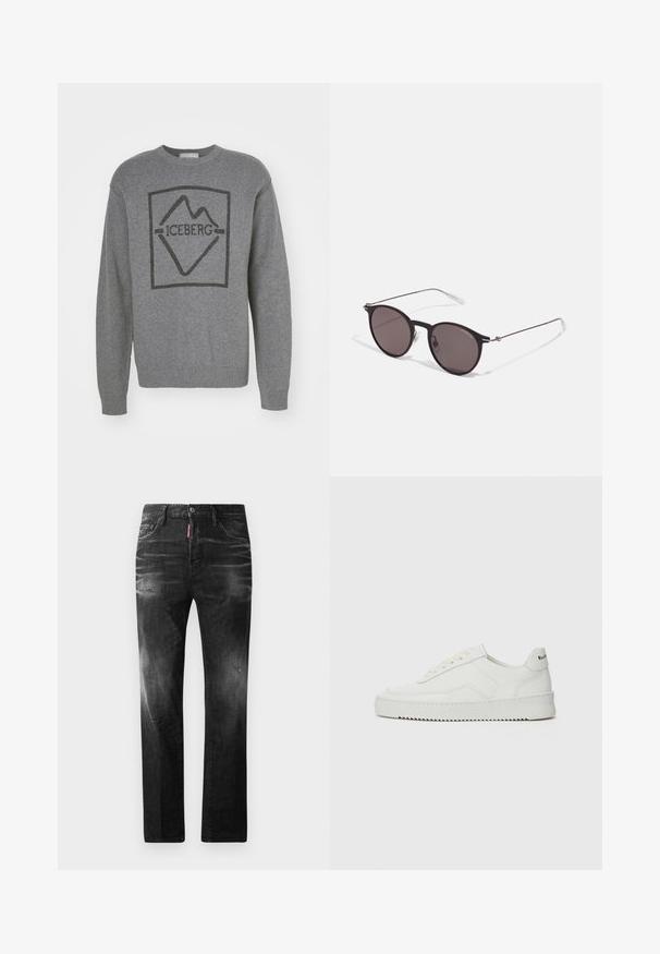 Szürke pulóver fekete hegylogóval, téglalap alakú keretben. Az anyag lágyan puha, bordázott mandzsettákkal és aljjal rendelkezik.; Fekete farmernadrág egyenes szabással. Fakadó területek, kisebb kopások, klasszikus öt zsebes kialakítás és gombos zárás jellemzi.; Fehér bőr sportcipő sima felülettel, kerek orral, lapos fűzőkkel és texturált talppal. Finom logó található a sarokon.; Fekete kerek napszemüveg sötét lencsékkel és karcsú fém szárakkal. Átlátszó szárvégeket és ezüst részleteket tartalmaz az ívnél. Minimalista dizájn.