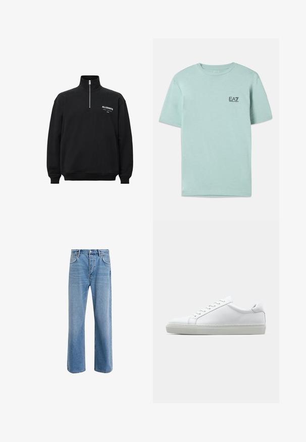 Čierna mikina s vysokým golierom a polovičným zipsom, s bielym vytlačeným textom na ľavej hrudi. Vyrobená z bavlny, s jemnou textúrou.; Světle mátová tričko vyrobené z bavlny, s krátkými rukávy a kulatým výstřihem, s malým černým logem EA7 na hrudi.; Svetlo modré denimové džínsy so strihom rovného nohu, päť vreciek, zapínanie na gombík, minimálne vyblednutie a kontrastné švy.; Biele tenisky s hladkým koženým zvrškom a nízkym profilom. Majú zaoblenú špičku, šesť očiek a štruktúrovanú gumovú podrážku.