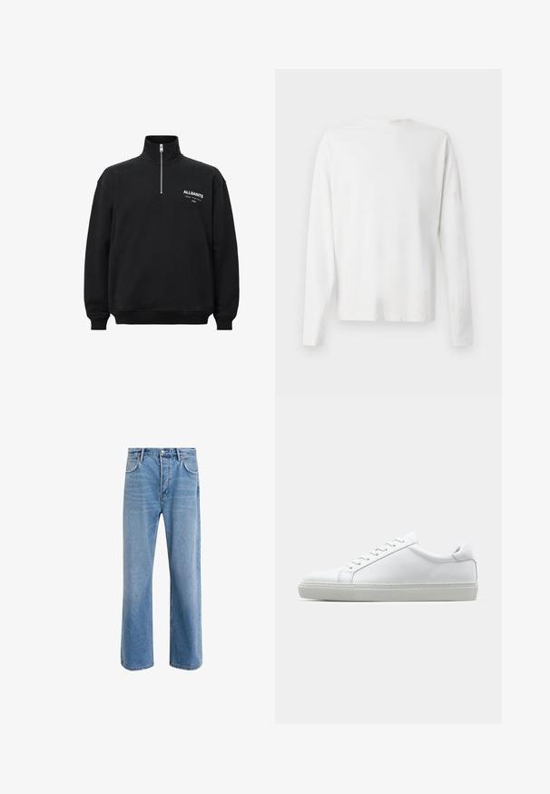 Sort sweatshirt med høj krave og halv lynlås, med hvid trykt tekst på venstre bryst. Fremstillet af bomuldsstof med blød tekstur.; Langærmet hvid bomulds skjorte med rund halsudskæring, sideslids i bunden og en glat overflade, vist bagfra.; Lyseblå denim jeans med lige ben-design, fem lommer, knaplukning, minimal falming og kontraststingdetaljer.; Hvide sneakers med en glat læderoverdel og lav profil. Har en rund tå, seks snørehuller og en tekstureret gummisål.