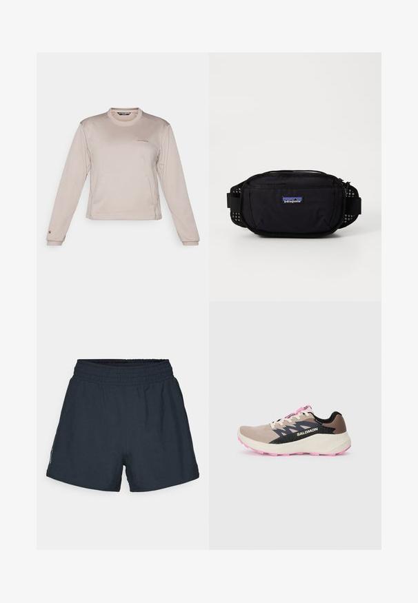 Pitkähihainen, vaaleanbeige urheilu-paita, joka on valmistettu rakenteellisesta, hengittävästä kankaasta. Paita on pyöreäkauluksinen ja siinä on hillitty logo rinnassa.; Tummansinisiä urheiluhousuja, jotka on valmistettu kevyestä kankaasta. Hiusvyötärö, löysä malli, eikä näkyviä taskuja tai kuvioita.; Beige ja roosa Salomon jooksutoss musta logo ja disainielementidega, kreemja vahepaiga ja roosa välispohjaga, vaadatuna küljelt ühel plain taustal.; Mustapohjainen Patagonia-vyötärö laukku, jossa on vetoketjullinen pääosasto, verkkokohdat sivuilla ja säädettävä hihna. Edessä on brändilogo.