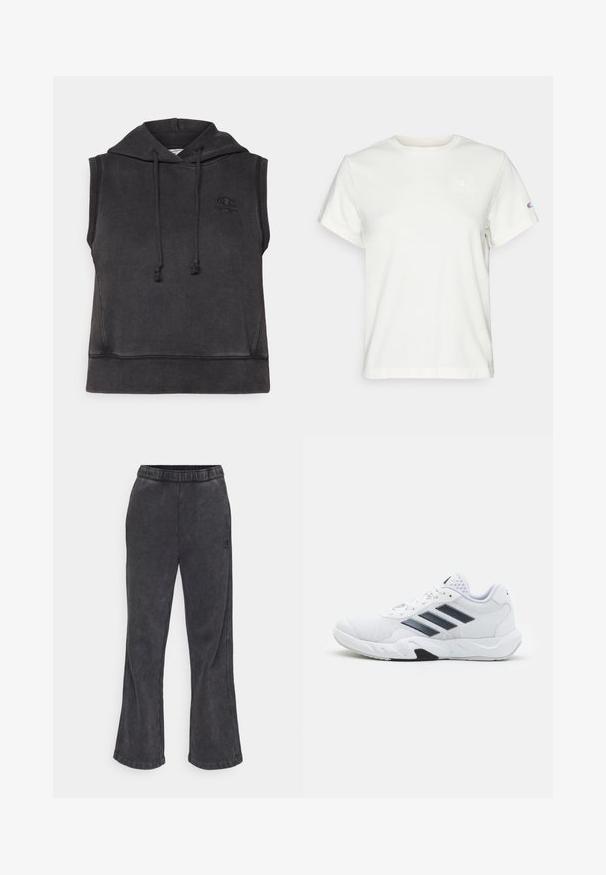 Moleton sem mangas preto feito de material suave, com capuz ajustável por cordão, bainha canelada e um pequeno logótipo bordado no peito.; T-shirt de algodão branco de mangas curtas com um decote redondo e um pequeno logótipo no lado esquerdo do peito. Textura suave e corte padrão.; Calças de moletão largas em tecido cinza escuro com uma textura suave. Apresentam uma cintura elástica e um logótipo bordado na lateral.; Tênis atlético branco com parte superior em malha, três listras pretas de cada lado, detalhes texturizados e uma sola de borracha resistente com uma seção preta contrastante.