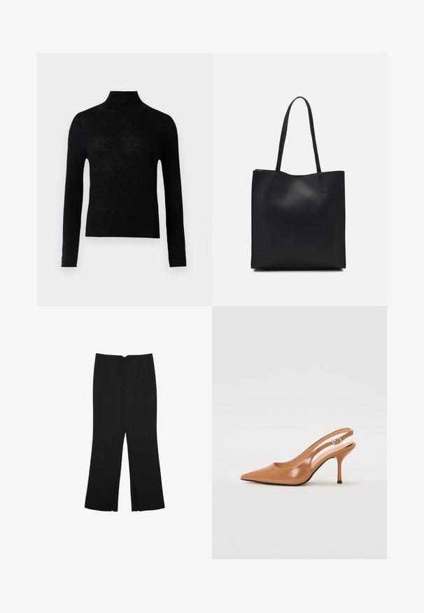 Czarny sweter z golfem, prążkowany, z długimi rękawami i dopasowanym krojem. Wykonany z dzianiny, tekstura wydaje się lekko przezroczysta.; Czarne spodnie o prostym kroju, z przednimi kieszeniami i bocznymi rozcięciami na dole. Wykonane z miękkiego, gładkiego materiału. Odpowiednie na różne okazje.; Sandały na obcasie z kwadratowym noskiem, wykonane z gładkiego, błyszczącego materiału w kolorze brązowym. Charakteryzują się zaokrąglonym wycięciem i smukłym obcasem typu stiletto. Detal w postaci srebrnej klamry.; Czarna skórzana torba tote o gładkiej fakturze, prostokątnym kształcie i dwóch długich uchwytach. Brak widocznych elementów metalowych i ozdób.