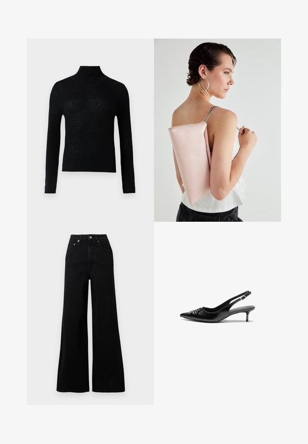 Svart ribbestrikket turtleneck-genser med lange ermer og tettsittende design. Laget av strikket stoff, teksturen fremstår noe gjennomsiktig.; Svarte vidbukse jeans laget av denim, med høyt liv, fem lommer, knapplukking foran og minimale sømdetaljer.; Sorte skinnert remsandaler med spiss tå, liten kittenhæl og en dekorativ knute detalj foran. Glatt tekstur gjennom hele.; Rosa lærveske med rektangulær form, sølvkjede stropp og glatt tekstur, båret på ryggen. Enkelt design uten synlige mønstre.