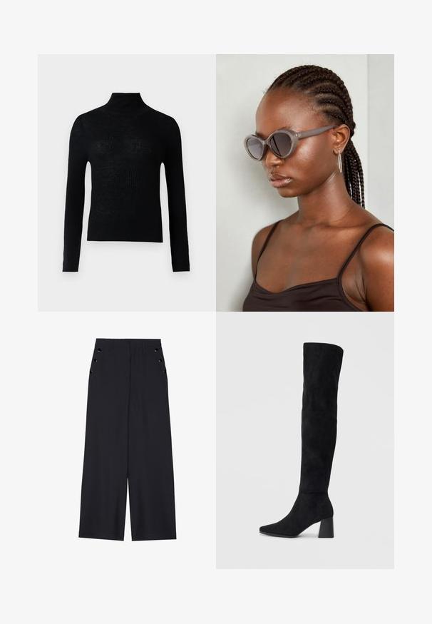 Pulover negru cu guler înalt, cu mâneci lungi și un design ajustat. Fabricat dintr-un material tricotat, textura pare ușor transparentă.; Pantaloni evazați din material bleumarin închis, cu o textură netedă, pliseuri frontale și ochiuri decorative aurii pe buzunarele laterale.; Cizme negre din suede, cu toc bloc, vârf ascuțit și un design neted, fără cusături, pe un fundal deschis.; Ochelari de soare supradimensionați gri, cu formă rotundă și lentile închise la culoare. Rame din plastic elegante, cu un finisaj neted. Modelul are părul împletit.