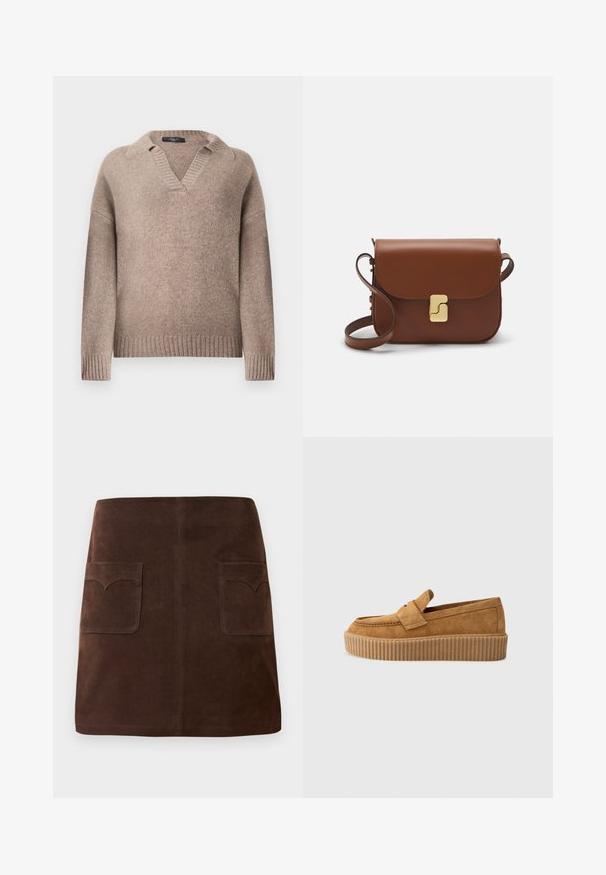 Suéter de punto largo color topo con mangas largas, puños, dobladillo y cuello acanalados, con diseño de escote en V abierto.; Falda de ante marrón con una clásica forma de A, dos bolsillos frontales con solapas redondeadas y detalles de costura sutiles.; Mocasín de ante marrón con punta redonda, presentado con una suela de plataforma estriada y una cinta decorativa en la parte superior.; Bolso de mano de cuero marrón con cierre de solapa, herrajes en tono dorado, correa para el hombro y una textura suave. Forma rectangular compacta.