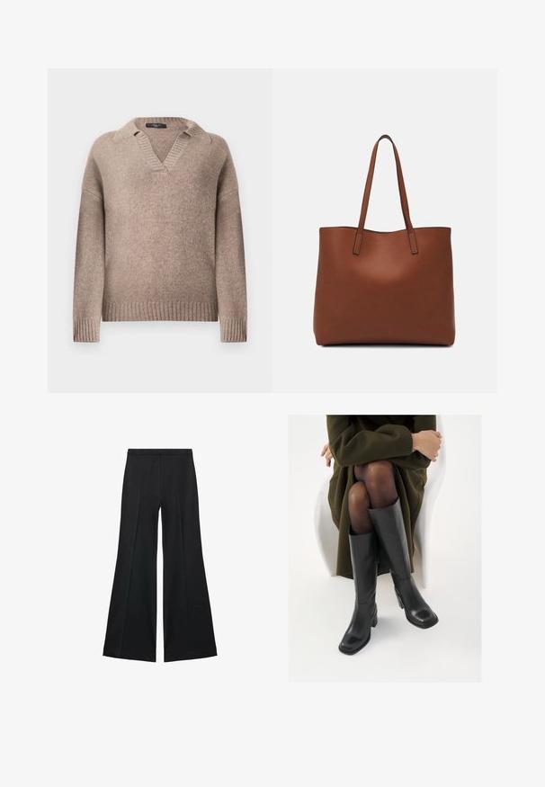 Taupekleurige gebreide trui met lange mouwen, geribbelde manchetten, zoom en kraag, voorzien van een open V-hals ontwerp.; Zwarte wijde-pijpen broek met een gladde textuur, gekenmerkt door voorplooien en een op maat gemaakte uitstraling. De stof is lichtgewicht en vloeiend.; Knieschijf hoge zwarte leren laarzen met een vierkante neus en blokhak, getoond met een model dat zit in een olijfgroene jas. Gladde textuur, minimale details.; Bruine leren tote bag met een gladde textuur, een ontwerp met een open bovenkant en twee schouderbanden. Kenmerkt zich door minimale stiksels en geen zichtbare hardware.