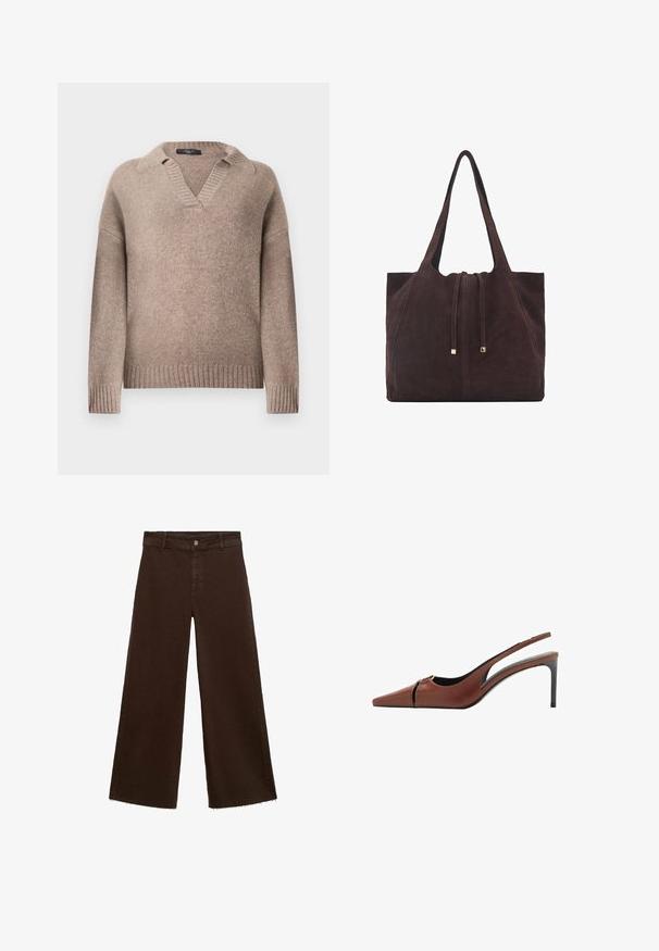 Taupefarbener, gestrickter Pullover mit langen Ärmeln, gerippten Bündchen, Saum und Kragen, der ein offenes V-Ausschnitt-Design aufweist.; Braune, weit geschnittene Hosen aus Baumwollmischung mit fransigem Saum, vorderem Knopfverschluss und klassischem Fünf-Taschen-Design. Minimalistisch und vielseitig.; Braune Leder Slingback-Pumps mit spitzer Zehe, Ausschnittdetail am Vorderblatt und elegantem Stiletto-Absatz. Glatte Textur.; Mango Shopping Bag - dark brown