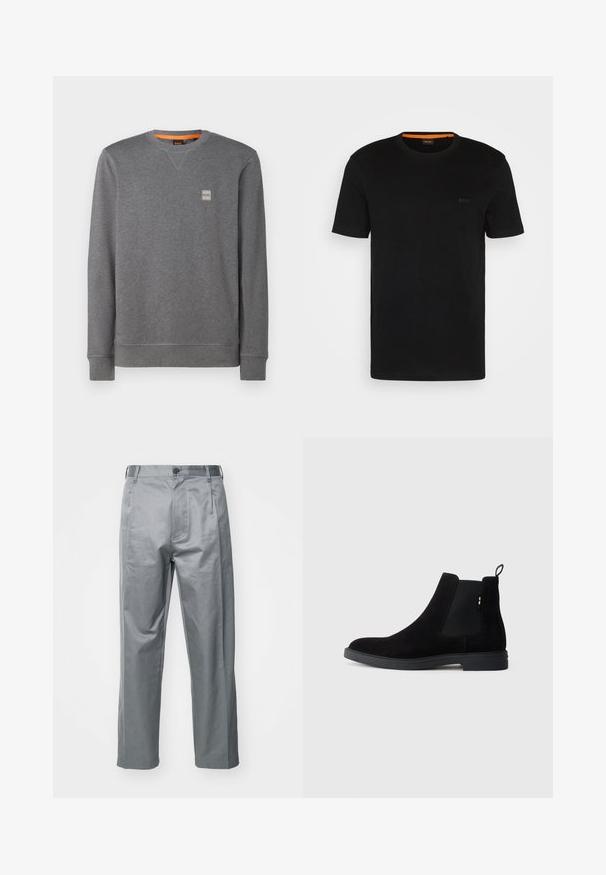 Sivý mikina vyrobená z mäkkej tkaniny, s okrúhlym výstrihom, dlhými rukávmi, rebrovanými manžetami a malou nášivkou loga na hrudi.; Čierne tričko s krátkym rukávom vyrobené z mäkkého materiálu, s okrúhlym výstrihom a jemným logom na prednej strane. Vnútorný golier má oranžový akcent.; Sivé nohavice z bavlneného zmesi s rovnými nohavicami, ktoré majú predné zapínanie na gombík, pútka na opasok a bočné vrecká.; Čierne semišové Chelsea topánky s elastickými bočnými panelmi, okrúhlou špičkou a nízkou gumovou podrážkou. Obsahujú pútko na zadnej strane pre jednoduché obúvanie.
