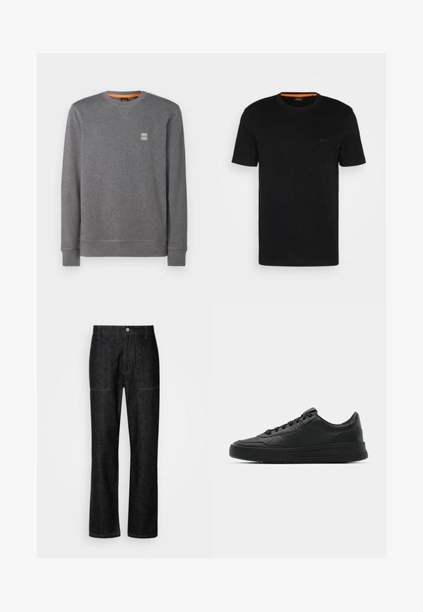 Pilkas megztinis, pagamintas iš minkštos medžiagos, su apykakle, ilgomis rankovėmis, megztomis rankogaliais ir mažos logotipo etiketės ant krūtinės.; Juodas trumpas rankovėmis marškinėliai, pagaminti iš minkštos medžiagos, su apvalia iškirpte ir subtilia logotipu priekyje. Vidinė apykaklė turi oranžinį akcentą.; Juodi džinsai tiesaus kirpimo, su matomu siuvimu ir priekinėmis mygtukų uždarymo detalėmis. Įtrauktos dvi šoninės kišenės ir dvi užpakalinės kišenės.; Juodi sportiniai batai su lygia odine viršutine dalimi, apvaliu pirštu, plokščiomis raišteliais, pagaminta su paminkštinta apykakle ir minimalizmo dizainu. Guma padais su subtilia protektoriaus raštu.