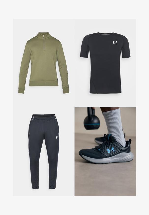 Oliven grønn genser med høy hals og halv glidelås. Har lange ermer og ribbestrikkede mansjetter, laget av et mykt stoff.; Svart kortermet treningsskjorte laget av fukttransporterende, stretchy stoff. Har rund hals og en liten hvit logo på brystet.; Svart treningbukse laget av glatt stoff, med elastisk liv, avsmalnende ben og hvite sidestriper. Inkluderer en Under Armour-logo.; Svarte idrettsko med blå detaljer, teksturert overdel og grå såle. Brukt med grå ribbestrikkede sokker, ved siden av en svart kettlebell.