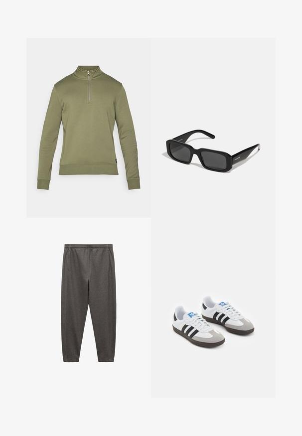 Olivově zelený svetr s vysokým límcem a polovičním zipem. Obsahuje dlouhé rukávy a žebrované manžety, vyrobený z měkké tkaniny.; Šedé joggingové kalhoty vyrobené z měkké látky, s elastickým pasem, bočními kapsami a zúženým střihem nohavic.; Sportovní boty s bílým koženým svrškem, šedou semišovou špičkou a třemi černými pruhy. Obsahují modré logo na jazyku a texturovanou gumovou podrážku.; Arnette THEKIDD UNISEX - Sluneční brýle - black