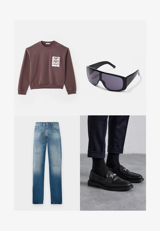 Brown cotton sweatshirt with a crew neck, long sleeves, and a textured graphic pocket detail. Features ribbed cuffs and hem.; Light blue denim jeans with straight leg design, faded wash, and two horizontal seams. Features five pockets and a button fastening.; Black leather loafers featuring a textured finish, silver hardware detail, paired with dark socks and cuffed navy trousers.; Black sunglasses with a wraparound design, dark tinted lenses, smooth plastic frame, and subtle branding on the temple.