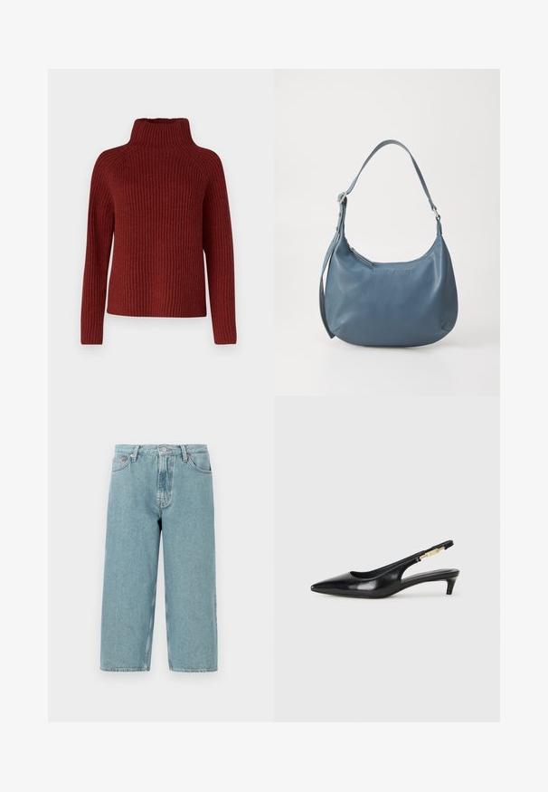 DRYKORN ARWEN - Camisola - red; Shorts de denim azul claro com cintura alta, corte reto e bainha desfiada. Apresenta um fecho clássico de botão e zipper, além de quatro bolsos.; Saltos slingback em couro preto com bico fino, apresentando um salto esguio e um detalhe em tom dourado na alça ajustável. Textura suave.; Bolsa de couro azul com formato arredondado, alça única para o ombro, fecho em zíper e nome da marca em relevo na parte da frente. Textura suave.