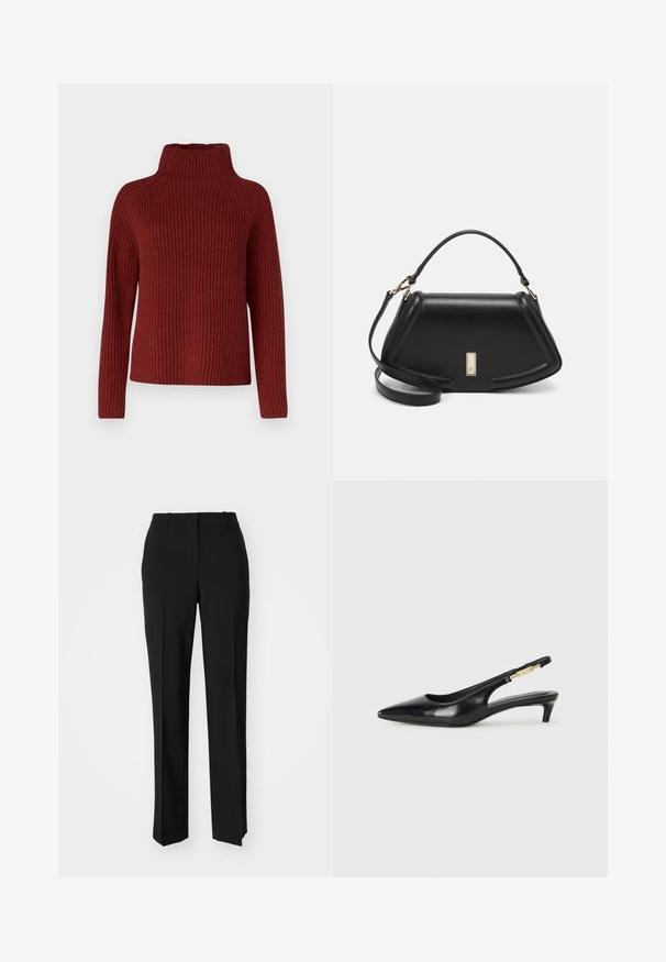 DRYKORN ARWEN - Strickpullover - red; Schwarze, taillierte Hose mit geradem Bein, aus einem glatten Stoff und mit klaren Falten an der Vorderseite. Keine sichtbare Hardware.; Schwarze Leder-Slingback-Pumps mit spitzem Schuhblatt, ausgestattet mit einem schlanken Absatz und einem goldfarbigen Akzent am verstellbaren Riemen. Glatte Textur.; Schwarze Lederhandtasche mit einem strukturierten Design, das eine verkürzte Form, einen oberen Griff und goldfarbene Hardware-Details aufweist. Verstellbarer Schulterriemen ist enthalten.