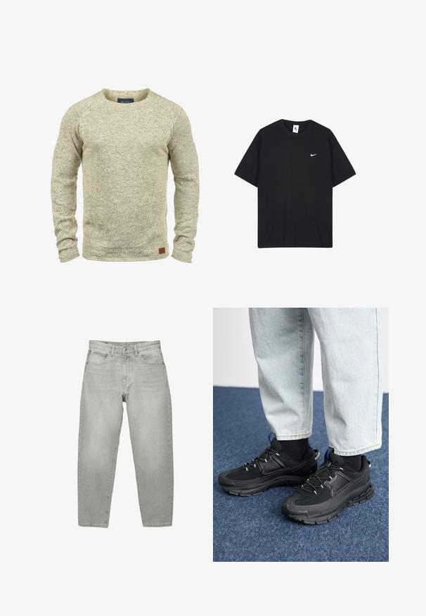 Vaaleanbeige neulottu villapaita, jossa on pitkät hihat, pyöreä pääntie ja teksturoitu pinta. Siinä on pieni ruskea nahkapatchi helman kohdalla.; Mustan Nike-paidan valmistuksessa on käytetty puuvillaa, ja siinä on pyöreä kaula-aukko sekä lyhyet hihat. Paidassa on pieni valkoinen Nike-logo vasemmassa rinnassa.; Vaaleansiniset farkut, joissa on rento istuvuus, keskikorkea vyötärö, viisi taskua ja suorat lahkeet. Silkkinen rakenne, jossa on lievää haalistumista.; Mustat urheilukengät, joissa on teksturoitu kangas ja kumipohjat, elastiset nauhat ja sininen yksityiskohta kannassa. Yhdistetty vaaleisiin farkkuihin.