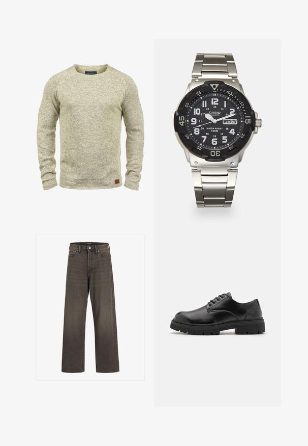 Pull en tricot beige clair avec des manches longues, un col rond et une finition texturée. Il présente une petite étiquette en cuir marron sur l'ourlet.; Jean large en denim gris foncé, avec une taille haute, un design classique à cinq poches et des coutures contrastantes le long des coutures.; Chaussures en cuir noir avec un bout rond, un laçage et une semelle en caoutchouc épaisse et texturée. Présente des coutures le long du bord et une finition lisse.; Montre à quartz en métal avec un cadran noir, des chiffres blancs et un affichage de la date. Dispose d'un bracelet en acier inoxydable et d'une résistance à l'eau de 100 m.