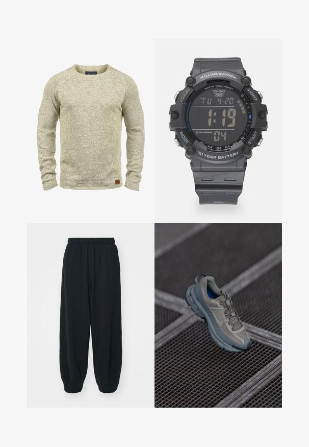Light beige knitted sweater with long sleeves, round neckline, and a textured finish. Features a small brown leather patch on the hem.; Black, elasticated-waist sweatpants with a loose fit, cuffed ankles, smooth texture, and no visible patterns or hardware accents.; Beige and gray athletic shoe with textured mesh upper, rounded toe, and rubber sole, featuring laces and a padded collar.; Digital Casio watch with a gray resin strap, LCD display, water resistance up to 100 meters, and features for alarms and backlight.