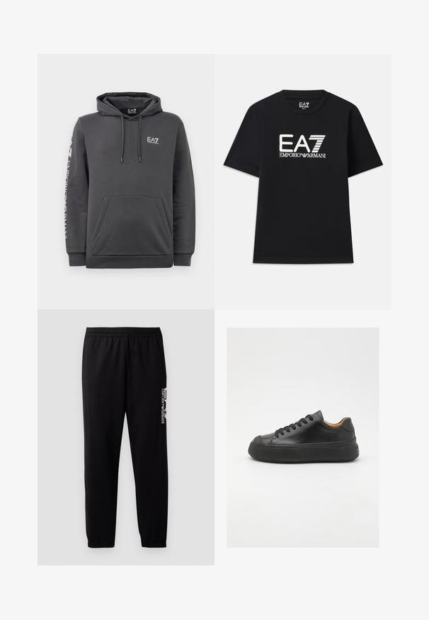 Mørk grå hettegenser med frontlomme, snor og hvite "EA7 Emporio Armani"-logoer på brystet og venstre erme.; Svart t-skjorte laget av bomull, med rund hals og korte ermer. Brodert logo "EA7 EMPORIO ARMANI" i hvitt på forsiden.; Sorte treningsbukser laget av glatt stoff, med elastisk midjebånd og mansjetter, samt en kontrasterende logo trykket på siden.; Sorte lær sneakers med rund tå, snøring foran, glat tekstur, tyk gummisål og kontrasterende tan inderside.