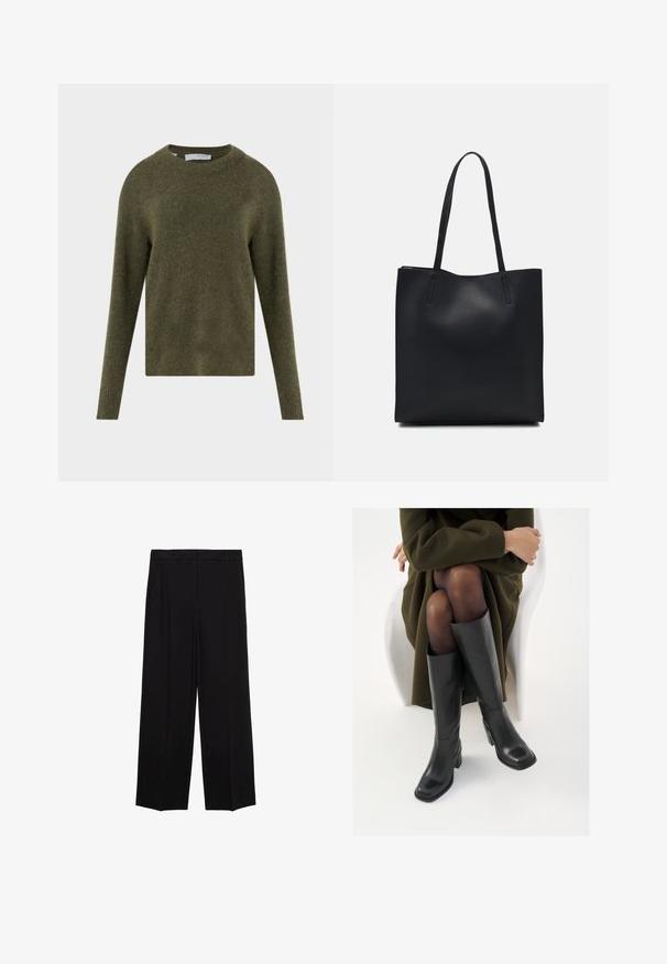 Pulover de lână verde măsliniu cu guler rotund, mâneci lungi și mansete reiate, asortat cu blugi din denim închis și o curea neagră. Textură moale.; Tricou alb din bumbac, cu mânecă scurtă și guler rotund. Design simplu, croială lejeră, textură fină. Nu sunt vizibile modele sau accente.; Pantaloni negri cu croială largă dintr-un material neted, cu pliseuri în față și buzunare laterale, concepuți cu o croială dreaptă și relaxată.; Cizme din piele neagră, până la genunchi, cu vârf pătrat și toc bloc, prezentate pe un model așezat într-o haină verde măsline. Textură netedă, detalii minime.; Geantă tote neagră din piele, cu textură netedă, formă rectangulară și două mânere lungi. Fără hardware vizibil sau ornamente.