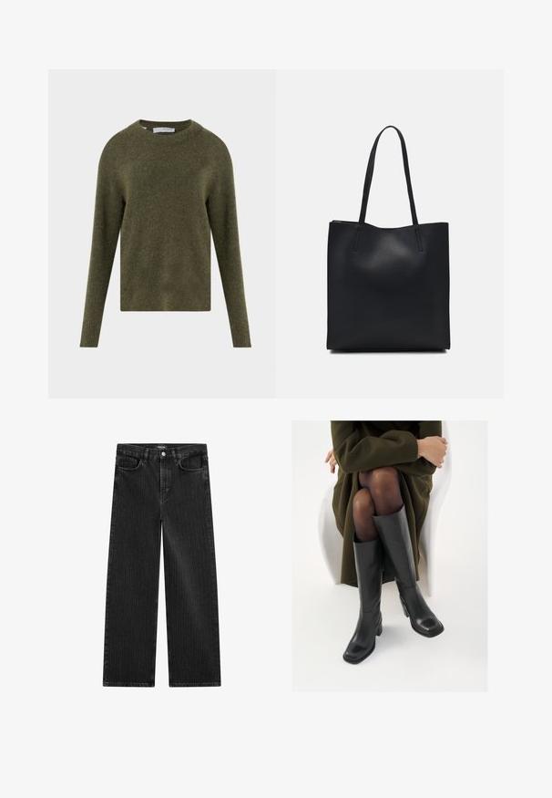 Vlněný svetr olivově zelené barvy s kulatým výstřihem, dlouhými rukávy a žebrovanými manžetami, kombinovaný s tmavými džínami a černým páskem. Měkká textura.; Široké černé džínové kalhoty s jemným vertikálním pruhovaným vzorem, s pěti kapsami a klasickým zapínáním na knoflík v pase.; Černé kožené boty po kolena s hranatou špičkou a blokovým podpatkem, předvedené na modelce sedící v olivově zeleném kabátu. Hladký povrch, minimalizované detaily.; Černá kožená taška přes rameno s hladkým povrchem, obdélníkovým tvarem a dvěma dlouhými uchy. Žádné viditelné kování ani ozdoby.