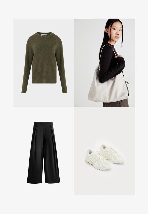 Olíva zöld gyapjú pulóver kerek nyakkal, hosszú ujjakkal és bordázott mandzsettával, sötét farmerrel és fekete övvel párosítva. Puha textúra.; Fekete, bő szárú nadrág sima anyagból, húzózsinóros derékrésszel és plissézett elülső részlettel a textúra és a térfogat fokozása érdekében.; Fehér sportcipők hálós és szintetikus anyagokból, fűzős dizájn, párnázott bokarésszel és érdes talppal a tapadás érdekében. Könnyű felépítés.; Puha anyagból készült bézs kézitáska, laza dizájnnal, varrott részletekkel és két vállpánttal. Mindennapi használatra alkalmas.