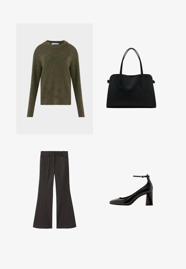 Olijfgroene wollen trui met een ronde hals, lange mouwen en geribbelde manchetten, gecombineerd met donker denim en een zwarte riem. Zachte textuur.; Zwarte flared broek met een hoge taille; beschikt over twee voorkeurszakken en een gladde stoftextuur. Geschikt voor verschillende gelegenheden.; Zwarte lakleren enkelschoenen met een glanzende afwerking, spitse neus en een dikke blokhak. Vetruige textuur, minimale detaillering.; Zwarte leren handtas met dubbele schouderriemen, rechthoekige vorm en minimalistisch ontwerp op een witte achtergrond.