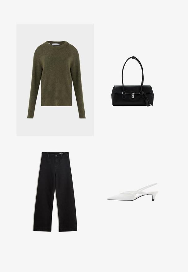 Sweter z wełny w oliwkowym kolorze z okrągłym dekoltem, długimi rękawami i ściągaczami na mankietach, zestawiony z ciemnym denimm i czarnym paskiem. Miękka tekstura.; Czarne dżinsowe spodnie o szerokich nogawkach i wysokim stanie, z przednimi i tylnymi kieszeniami, przeszyciami oraz zapięciem na guziki. Gładka struktura.; Biała szpilka na odkrytej pięcie z ostrym noskiem, charakteryzująca się gładką cholewką, subtelnymi wycięciami i niskim obcasem w kształcie bloku. Czarna podeszwa podkreśla design.; Czarna skórzana torebka o gładkiej fakturze, usztywnionym fasonie, podwójnych uchwytach i srebrnym zapięciu na środku.