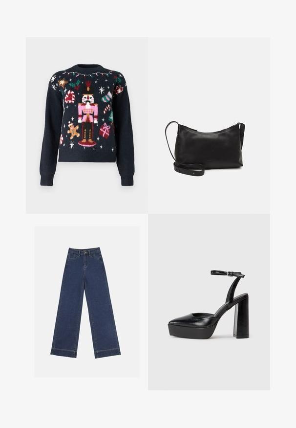 Tummansininen villapaita, jossa on jännittäviä neulekuvioita, kuten murtuja, piparkakkutalo, karkkitangot ja lahjat monivärisin korostuksin.; Vyötäröltä leveät farkut tummansinisestä denimmateriaalista. Varustettu viidellä taskulla, vyölenkeillä ja näkyvillä sauman yksityiskohdilla. Raaka helma alareunassa.; Mustat korkeat platform-kengät, joissa on terävä kärki ja säädettävä nilkkaremmi. Valmistettu sileästä nahasta ja varustettu paksulla lohkokorkeudella.; Musta nahkainen olkalaukku, jossa on sileä pinta, kaareva muoto, säädettävä hihna ja vetoketjukiinnitys. Minimalistinen muotoilu ilman koristeita.