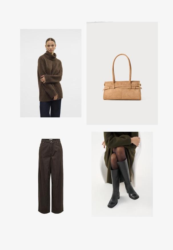 Rudas megztinis su aukštu kaklu, su dryžuotais rankogaliais ir apvadu; minkštas paviršius; laisvas siluetas; šiek tiek laisvesnis kirpimas. Modelis dėvi tamsias džinsines kelnes.; Tamsiai rudos, plačios kojinės kelnės, pagamintos iš medvilnės, turinčios klasikinį juosmenį, užtrauktuką, penkias kišenes ir minimalistinius siuvinėjimo elementus.; Juodos odinės pradžios ilgio bateliai su kvadratu formos nosimi ir bloko kulnu, demonstruojami su modeliu, sėdinčiu alyvuogių žalios spalvos švarku. Lygi tekstūra, minimalus puošimas.; Žalias suedinių rankinukas su dviem ilgais rankenomis, stačiakampio formos ir dekoratyviniu siuvimu. Jame yra šoninė dirželis ir subtili auksinė hardware akcentai.