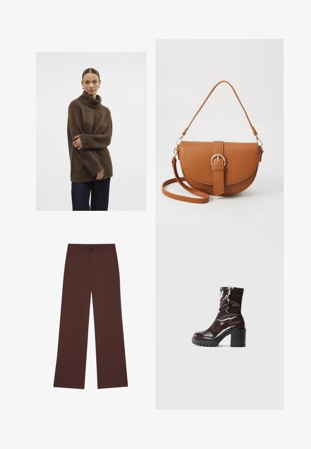 Brown knitted turtleneck sweater with ribbed cuffs and hem; soft texture; relaxed fit; slightly loose silhouette. Model wears dark jeans.; Wide-leg trousers in a rich brown fabric. Features a button closure, two front pockets, smooth texture, and clean lines.; Glossy burgundy ankle boot with a chunky black heel, featuring a smooth texture and simple design. No visible fastenings or patterns.; Brown leather crossbody bag with a curved shape, gold hardware, and a buckle accent. Features a detachable shoulder strap.
