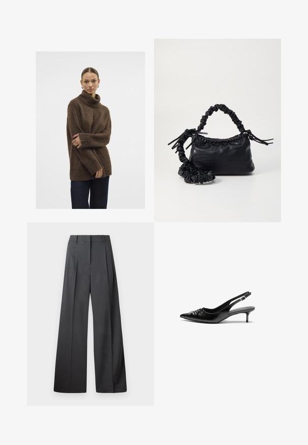 Hnedý pletený sveter s rolákom a rebrovanými manžetami a spodným okrajom; jemná textúra; voľný strih; mierne voľná silueta. Model nosí tmavé džínsy.; Nohavice s širokými nohavicami z tmavošedej látky, s vysokým pásom, jedinými záhybmi a hladkou textúrou s čistým zakončením na lemoch.; Čierne kožené slingback podpätky s ostrou špičkou, malým podpatkom a dekoratívnym uzlom vpredu. Hladký povrch po celom obvode.; Čierna umelá kožená kabelka s kroko vzorom, sťahovaným vrchom a zhnutým popruhom. Vyzerá mäkko a kompaktné v dizajne.