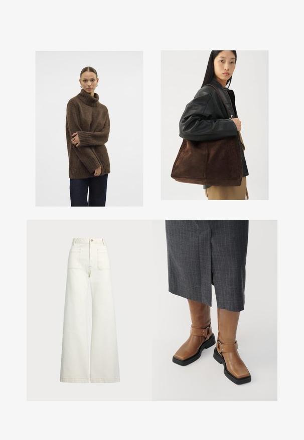 Bruine gebreide coltrui met geribbelde manchetten en zoom; zachte textuur; ontspannen pasvorm; licht slordige silhouet. Model draagt een donkere spijkerbroek.; Wijd-zit jeans van off-white denim. Hooggaande taille met een knoopsluiting, twee voorzakken en contrasterende stikdetails.; Bruine leren kniehoge laarzen met een vierkante neus, zwarte rubberen zool en verstelbare gespsluiting. Draagt bij een grijze streeprok.; Bruine suède tote bag met een brede vorm en zachte textuur, voorzien van een enkele schouderband en minimale hardware tegen een neutrale achtergrond.
