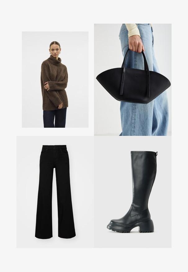 Brun strikket turtleneck-genser med ribbestrikkede mansjetter og nederkant; myk tekstur; avslappet passform; lett løs silhuett. Modellen har på seg mørke jeans.; Svart vide bukser laget av denim, med en strukturert midjebånd, beltestropper og frontlommer. Glatt tekstur med et klassisk design.; Høy svart lærstøvel med chunky plattformsåle og blokkhelt, med trekkstang og teksturert mønster på yttersålen.; Svart skinnveske med en unik vifteform, med flate håndtak. Overflaten har en pebblelignende tekstur og et minimalistisk design.