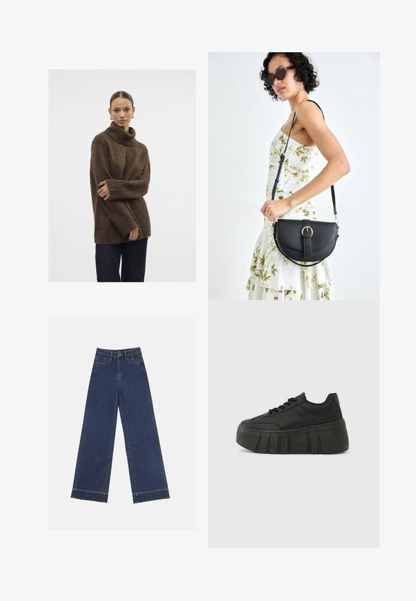 Brauner gestrickter Rollkragenpullover mit gerippten Ärmeln und Saum; weiche Textur; lockere Passform; leicht lockere Silhouette. Das Model trägt dunkle Jeans.; Weite Jeans in dunkelblauem Denim. Verfügt über fünf Taschen, Gürtelschlaufen und einen rohen Saum am unteren Ende mit sichtbaren Nahtdetails.; Schwarze Plateau-Sneaker mit glattem synthetischem Obermaterial, abgerundetem Zehenbereich, Schnürdesign und dicker, profilierter Sohle für zusätzliche Höhe.; Schwarze Lederhandtasche mit geschwungener Form, abnehmbarem Tragegurt und goldenen Beschlägen. Die Tasche verfügt über einen Deckel mit einer Schnallen-Details.