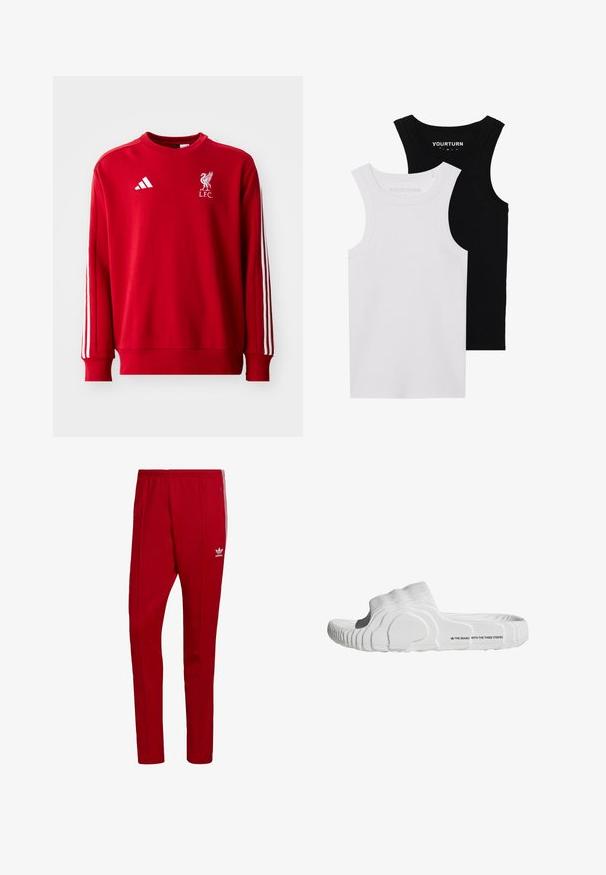 adidas Performance LIVERPOOL FC DNA SWEAT - Equipación de clubes - strawberry red; Dos tops de tirantes ajustados en negro y blanco. Están hechos de algodón acanalado, cuentan con tirantes anchos y escote redondeado. Con la marca en el cuello.; Pantalones deportivos rojos con cintura elástica, bolsillos con cremallera en los laterales y tres rayas blancas a lo largo de los lados. Cuenta con un pequeño logo en el muslo.; Chancla blanca con parte superior de tela acanalada, plantilla contorneada y suela de goma texturizada con el logo de la marca en el lateral.