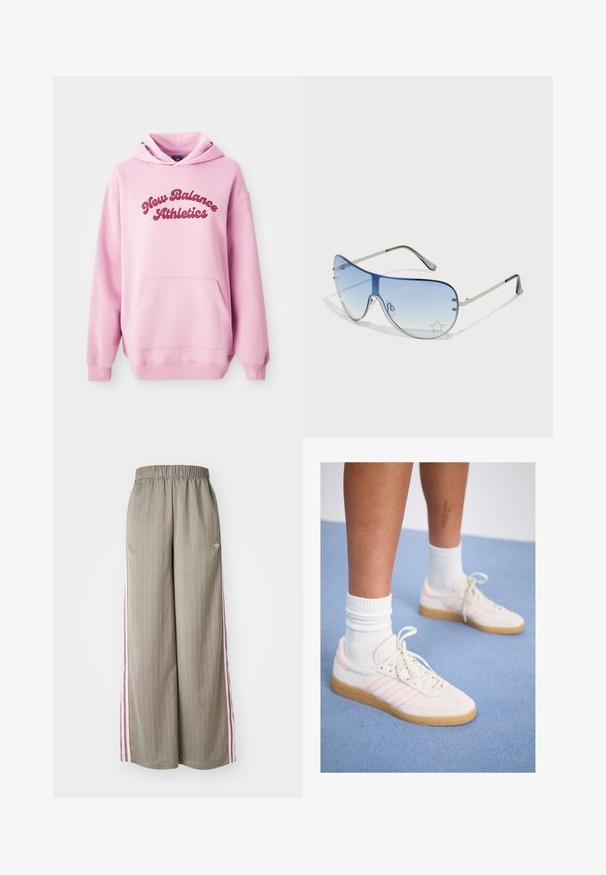 Rózsaszín kapucnis pulóver elülső kenguruzsebbel és sötét rózsaszín "New Balance Athletics" felirattal a mellkason.; Világos olíva zöld, széles szárú nadrág, függőleges csíkokkal, rugalmas derékkal és rózsaszín oldalsávokkal. Az oldalon egy kis logó található.; Fehér és rózsaszín velúr sportcipők három rózsaszín csíkkal, világos barna gumitalppal és fehér bordázott zoknival. Kék szőnyegen helyezkednek el.; Pilóta napszemüveg, melynek áttetsző kék lencséje, ezüst fém kerete és díszes csillag díszítések találhatók a lencsén. Simogató és elegáns dizájn.