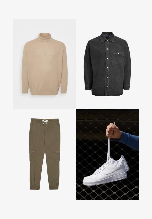 Jack & Jones JJPANNEL ROLL NECK - Maglione - crockery; Camicia in denim nera con maniche lunghe, colletto aperto, chiusura con bottoni e una tasca sul petto. Presenta bottoni a pressione argentati e una vestibilità rilassata.; Pantaloni cargo khaki con elastico in vita e cordino, dotati di tasche laterali e caviglie cuffiate. Realizzati in un materiale leggero e testurizzato.; Sneakers in pelle bianca con perforazioni, punta rotonda, suola piatta e lacci spessi, con logo swoosh visibile e "AIR" sul tallone.
