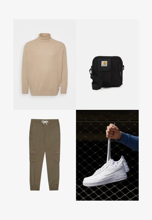 Jack & Jones JJPANNEL ROLL NECK - Strickpullover - crockery; Khaki Cargo-Hosen mit elastischem Bund und Kordelzug, aus seitlichen Taschen und umgeschlagenen Knöcheln. Hergestellt aus einem strukturierten, leichten Material.; Weiße Leder-Sneaker mit Perforationen, runder Zehenpartie, flacher Sohle und dicken Schnürsenkeln, mit sichtbar eingesticktem Swoosh-Logo und "AIR" an der Ferse.; Schwarze Umhängetasche mit einem Reißverschluss-Hauptfach, einer Fronttasche, einem verstellbaren Tragegurt und einem sichtbaren Logo-Patch auf dem Deckel.
