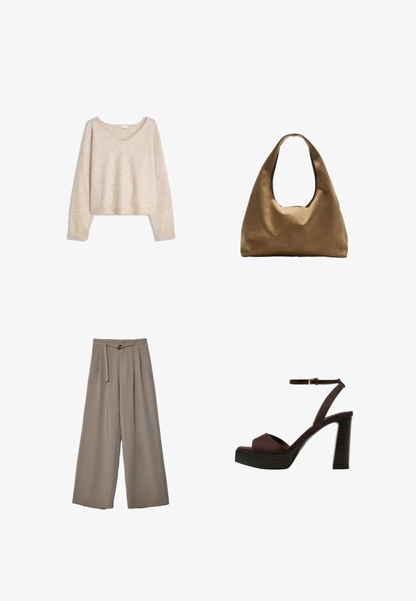 Bež močan pleten pulover z V-izrezom, dolgimi rokavi ter rebrastimi robovi in hemom, prikazan na belem ozadju.; Široke hlače iz mehke, umirjene sive tkanine, z pasom, ki ga je mogoče zavezati, in z gubami za dodatne oblikovne podrobnosti. Gladka tekstura, brez vzorcev.; Rjave semiš sandale z visoko peto, odprto spredaj, z nastavljivim gležnjenjem in črtastim podplatom.; Brahna torba preko rame iz rjave tkanine s širokim, zaobljenim tijelom i velikim izrezanim ručkom. Meka tekstura, minimalistički dizajn i bez vidljivih metalnih dijelova.