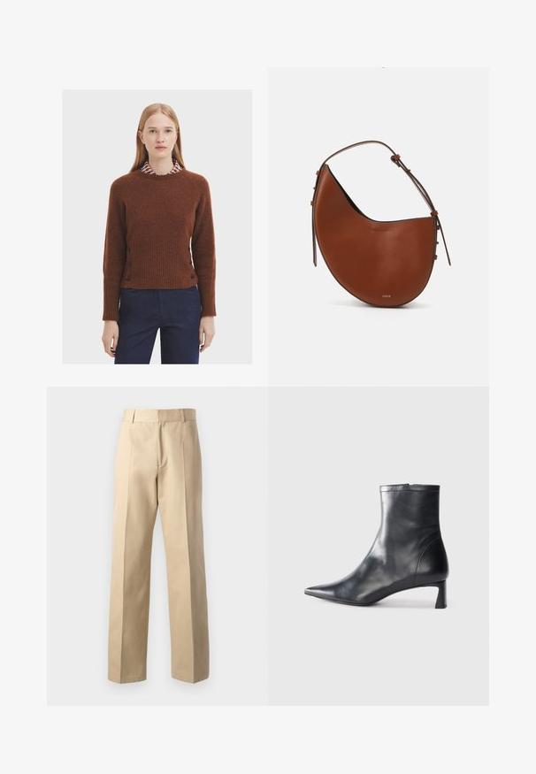 Brauner Wollpullover mit geripptem Textur, runder Ausschnitt und schwarzen Knöpfen an den Seiten, getragen über einem Kragenhemd mit geometrischem Muster.; Beige maßgeschneiderte Hose mit geradem Bein, die eine glatte Textur, zentrale Vorderfalten und einen klassischen Bund aufweist.; Schwarze Lederstiefelette mit spitzer Zehe und schlankem Design. Verfügt über einen niedrigen Absatz und einen Reißverschluss hinten. Glatte Textur.; Braune Leder-Schultertasche mit einer halbmondförmigen Form, schmalem braunen Riemen und dezenten goldenen Hardware-Akzenten. Sie zeichnet sich durch eine glatte Textur und minimale Nähte aus.