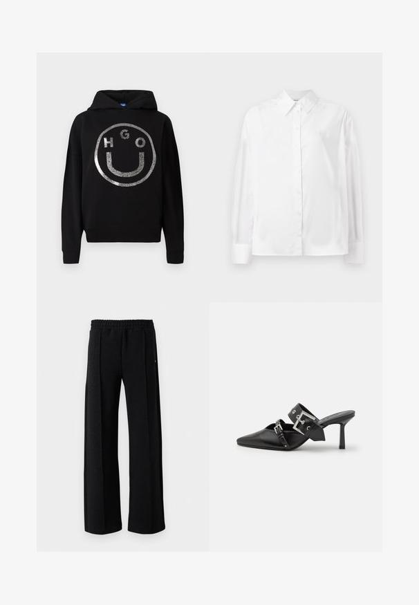 Hanorac negru din material moale, cu un design mare al unei fețe zâmbitoare din sclipici argintiu, având textul "HGO" în interiorul cercului.; Cămașă albă cu mânecă lungă, cu nasturi, confecționată dintr-un amestec de bumbac fin. Include o guler clasic, închidere frontală cu nasturi și manșete rotunjite.; Pantaloni negri cu croi drept, cu talie elastică și un subtile model texturat pe întreaga țesătură, pe un fundal alb.; Mulele negre cu toc înalt, cu vârful ascuțit, fabricate din piele netedă. Dispun de o curea lată pentru gleznă, cu o cataramă pătrată din argint și cu cuie.