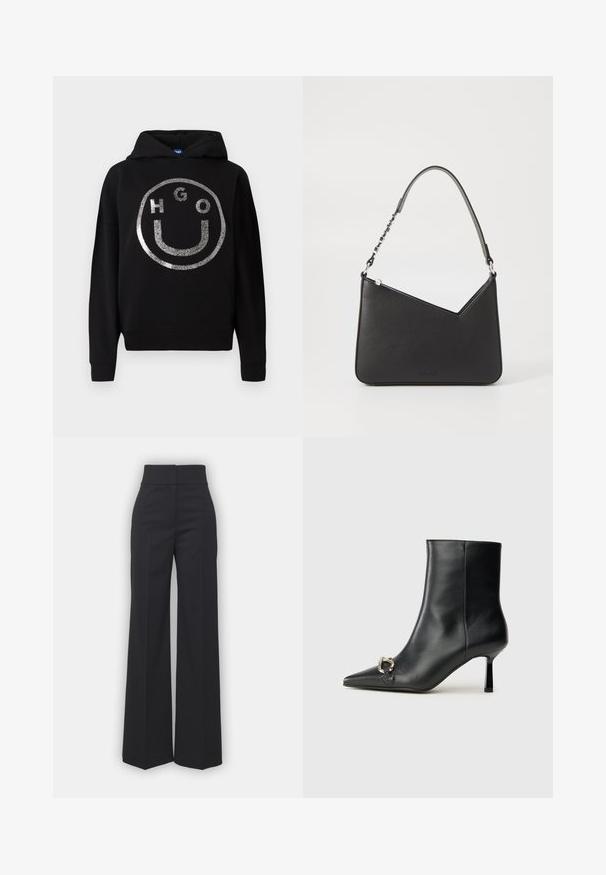 Black hoodie made of soft material featuring a large silver glitter smiley face design with "HGO" text inside the circle.; Wide-leg trousers in black fabric with a high waistband, featuring a clean finish and smooth texture. No visible hardware or patterns.; Black leather ankle boot with pointed toe, slim mid-height heel, and silver buckle detail on side against plain background.; Black leather handbag with a triangular shape, a slim strap, and silver hardware. Features a zip closure and embossed logo on the front.