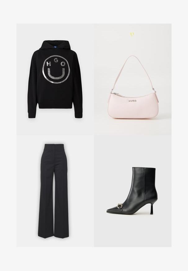 Mustat huppari, joka on valmistettu pehmeästä materiaalista ja jossa on suuri hopeanvärinen glitteristä tehty hymyilevä naama kuvio, jossa on "HGO"-teksti ympyrän sisällä.; Suorat lahkeet mustassa kankaassa, korkea vyötärö, siisti viimeistely ja sileä pinta. Ei näkyvää varustusta tai kuvioita.; Musta nahkasaapas nilkkapituisilla, terävillä kärjillä, hoikalla keskipituisella korolla ja hopeavöillä sivussa yksinkertaista taustaa vasten.; Vaaleanpunainen nahkakäsilaukku, jossa on kaareva muotoilu, vetoketjukiinnitys ja olkahihna. Etupuolella on hopeinen logo.