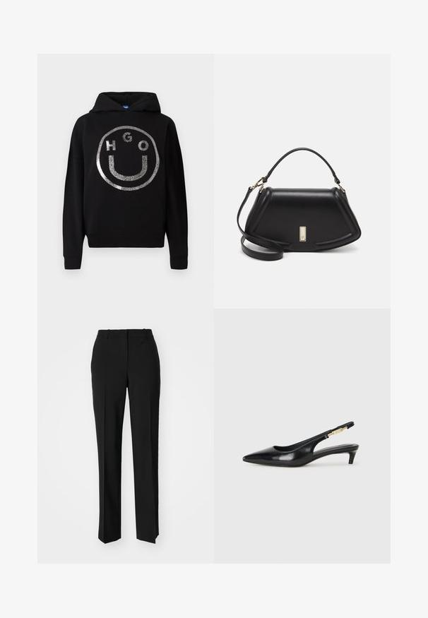 Zwarte hoodie van zachte stof met een groot zilveren glitter smiley gezicht ontwerp met de tekst "HGO" binnen de cirkel.; Zwarte op maat gemaakte broek met een recht model, voorzien van een soepele textuur en scherpe plooien aan de voorkant. Geen zichtbare hardware.; Zwarte leren slingback hakken met een spitse neus, voorzien van een slanke hak en een goudkleurige accent op de verstelbare band. Gladde textuur.; Zwarte leren handtas met een gestructureerd ontwerp, featuring een verkorte vorm, bovenhandvat en gouden hardwareaccent. Inclusief verstelbare schouderband.