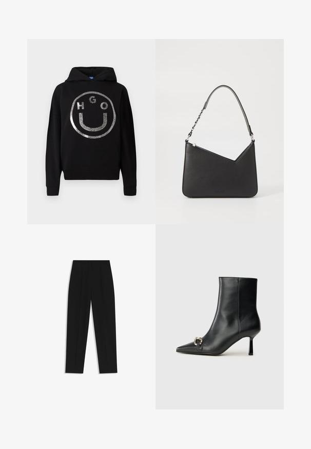 Schwarzer Hoodie aus weichem Material mit einem großen, silbernen Glitzer-Smiley-Gesicht-Design und dem Text "HGO" im Inneren des Kreises.; Schwarze Hose mit geradem Schnitt, doppelten Falten, einer glatten Textur und einem klassischen Bunddesign. Keine sichtbaren Beschläge oder Akzente.; Schwarze Leder-Stiefelette mit spitzer Zehe, schlankem, mittelhohem Absatz und silberner Schnalle seitlich vor einem schlichten Hintergrund.; Schwarze Lederhandtasche in dreieckiger Form, mit schmalem Tragegurt und silbernem Zubehör. Sie verfügt über einen Reißverschluss und ein geprägtes Logo auf der Vorderseite.