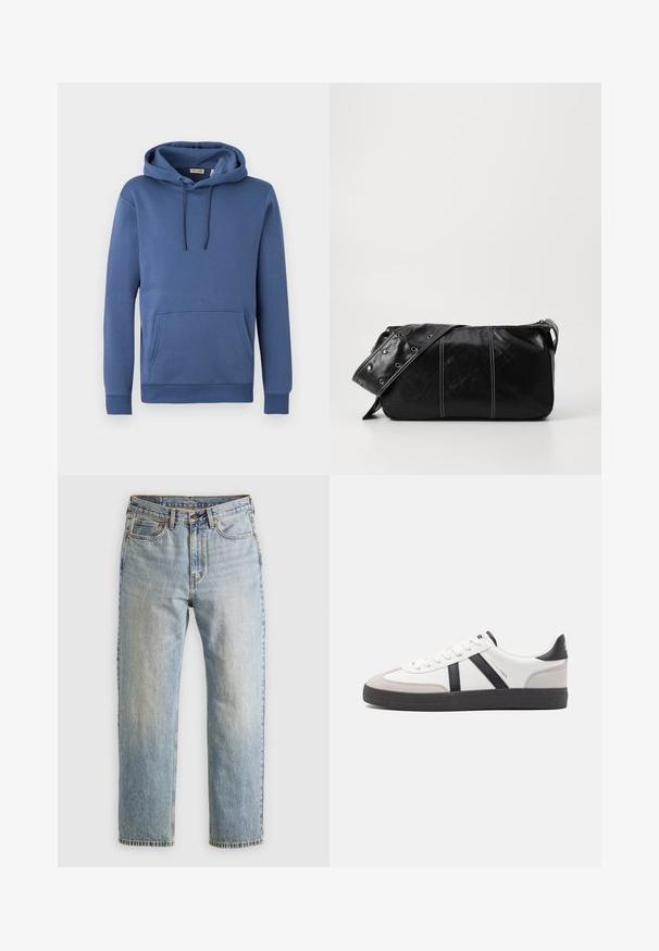 Modra bombažna kapuca z sprednjim žepom, z vrvico za kapuco, rebrastimi manšetami in robom. Gladka tekstura z minimalističnim oblikovanjem.; Svetlo modri džins hlače z visokim pasom, sprednjim gumbom, zadrgo in petimi žepi, laid flat na nevtralni podlagi.; Bela športna obutev z črnimi in sivo akcenti, z teksturirano sivo kapico za prste, črnim gumijastim podplatom in ravnimi belimi vezalkami. Čista zasnova, minimalistični slog.; Črna usnjena torba za ramo z zadrgo, ki ima teksturirano telo, belo šivanje in trak s srebrnimi luknjami.